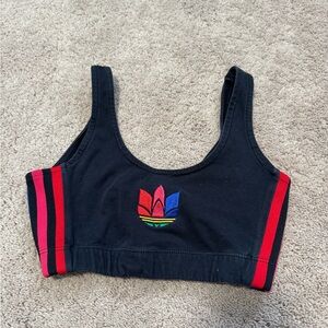 adidas Black Cropped Sports Bra with Rainbow Trefoil and Red Side Stripes